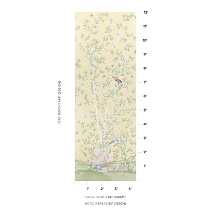 Vertical wallpaper panel with pale yellow background, green leafy vines and small blue birds in a garden scene.