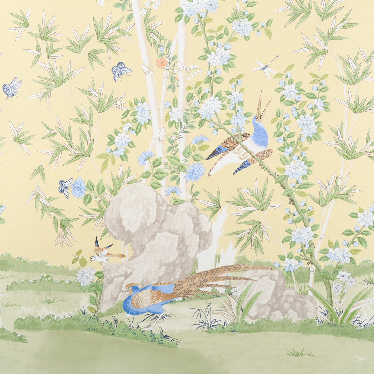 Pastel wallpaper with bamboo stalks, white blossoms, rocks, and blue kingfishers perched by a tranquil pond.