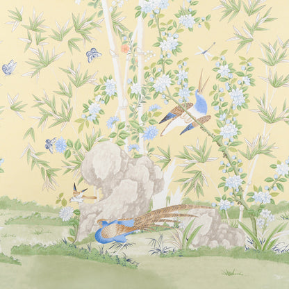 Pastel wallpaper with bamboo stalks, white blossoms, rocks, and blue kingfishers perched by a tranquil pond.