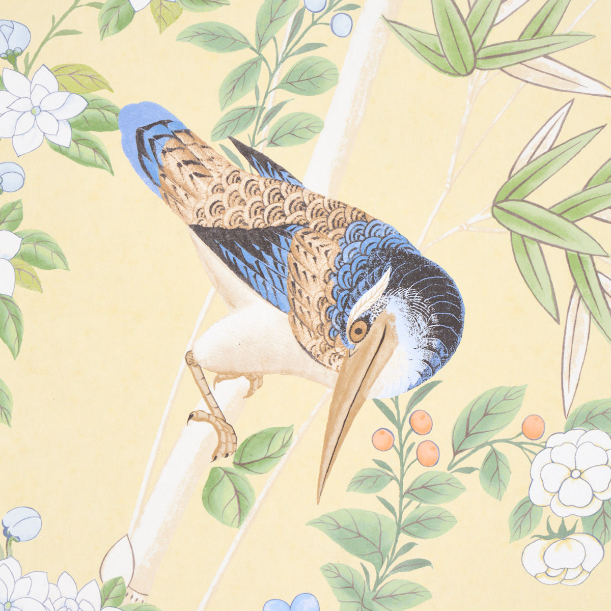 Illustrated kingfisher with blue and brown plumage perched on a branch amid green leaves and white flowers.