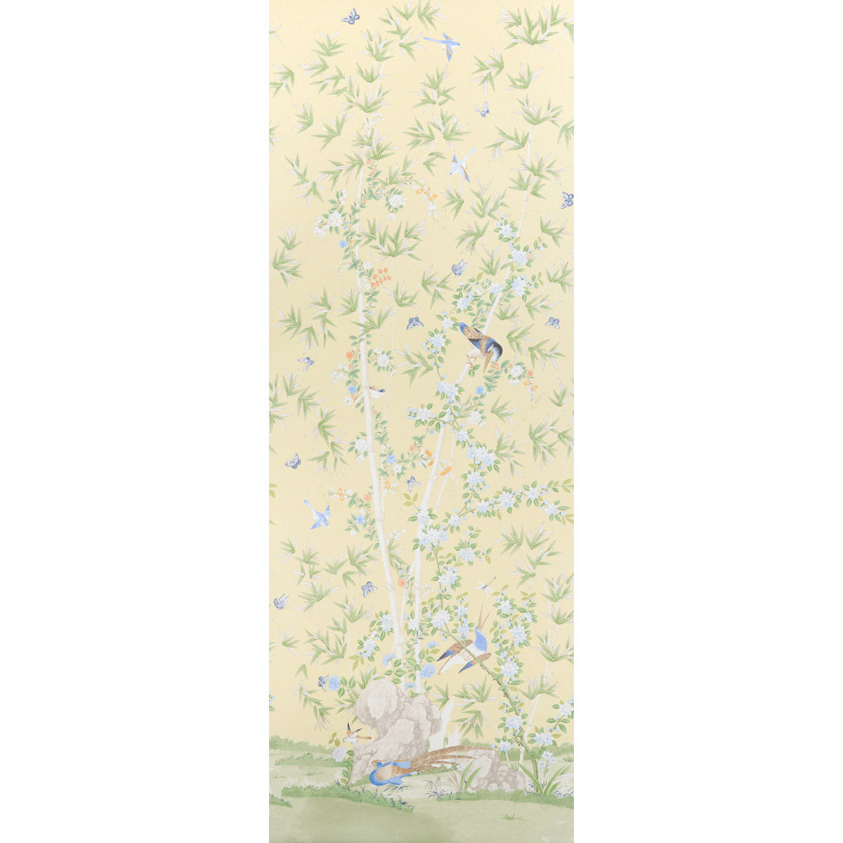 Yellow wallpaper featuring pale green bamboo stalks, delicate blossoms and small blue birds in a serene garden scene.