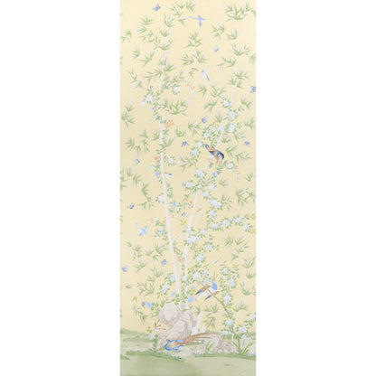 Yellow wallpaper featuring pale green bamboo stalks, delicate blossoms and small blue birds in a serene garden scene.