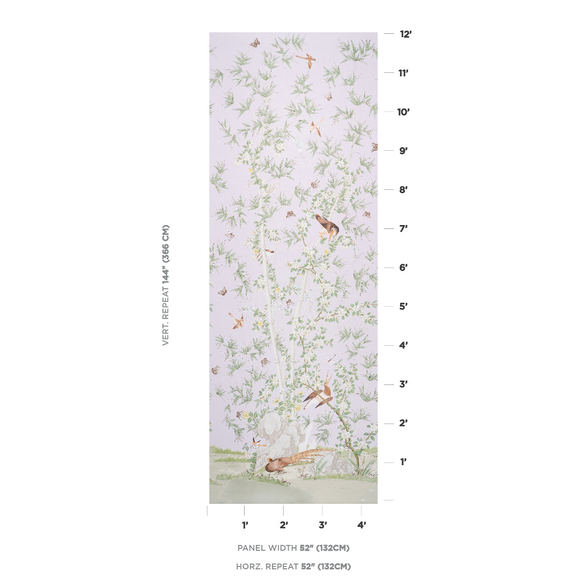 Vertical wallpaper panel with green vines & small brown birds on a pale lavender background; nature-inspired decor.