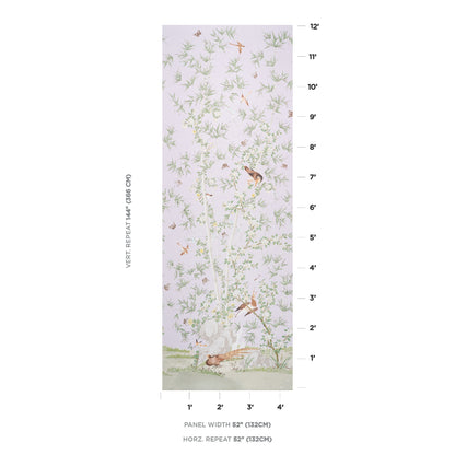 Vertical wallpaper panel with green vines & small brown birds on a pale lavender background; nature-inspired decor.