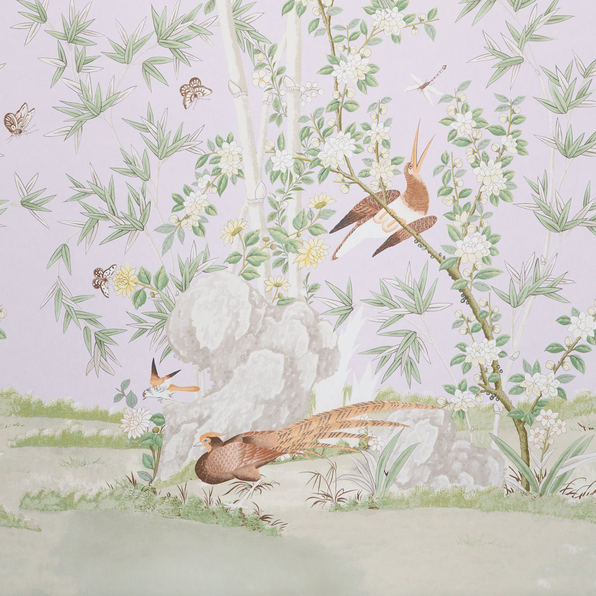 Pastel lavender botanical pattern with bamboo, white blossoms, rocks and brown birds perched on branches.