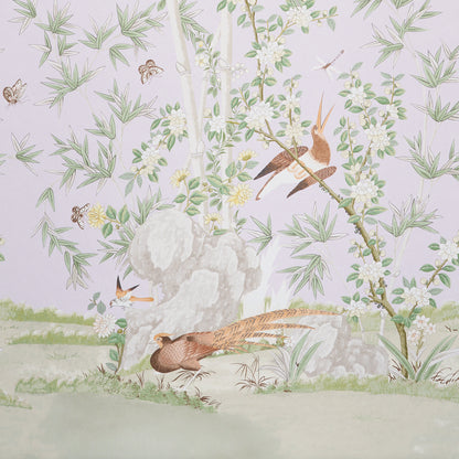 Pastel lavender botanical pattern with bamboo, white blossoms, rocks and brown birds perched on branches.