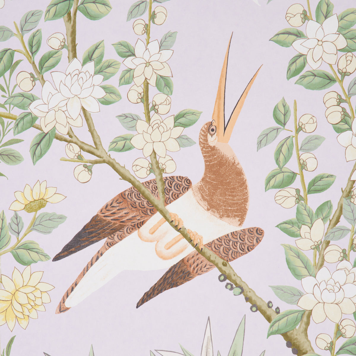Pastel botanical print featuring a perched hummingbird among white blossoms and green leaves on lavender background.