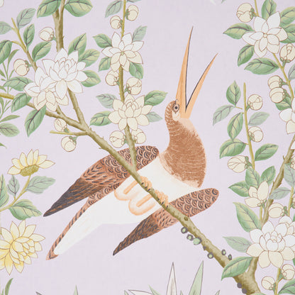 Pastel botanical print featuring a perched hummingbird among white blossoms and green leaves on lavender background.