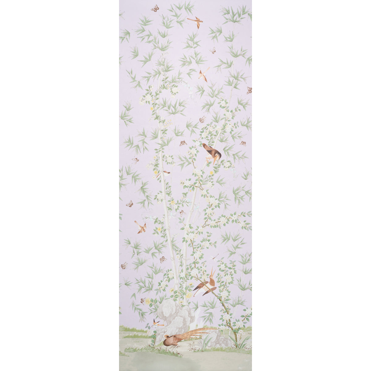 Vertical wallpaper pattern with pale lavender background, green bamboo stalks and leaves, rocks, and small brown birds.