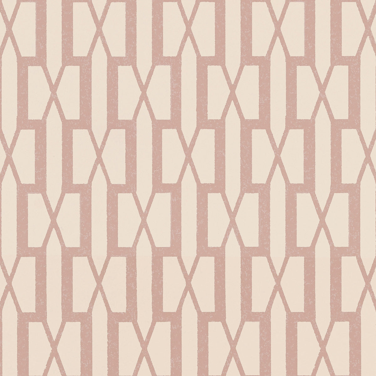 Soft pink wallpaper with a repeating interlocking X-shaped lattice in muted rose tones.