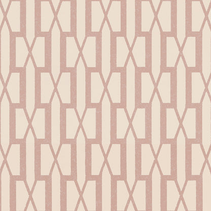 Soft pink wallpaper with a repeating interlocking X-shaped lattice in muted rose tones.