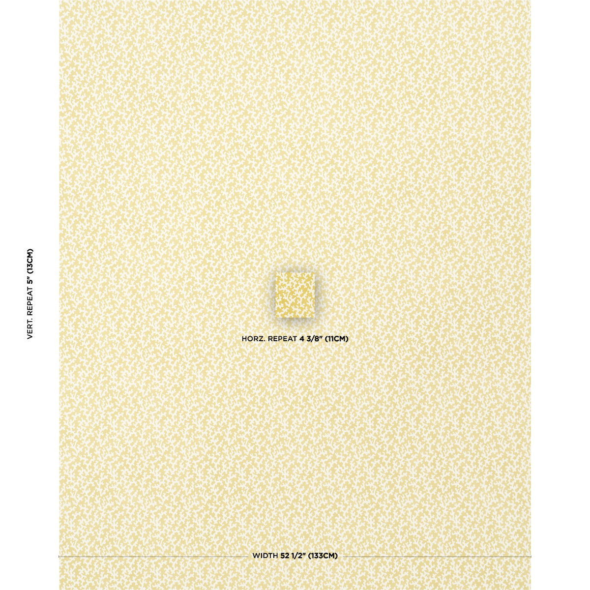 Cream background with tiny yellow floral ditsy print; fabric swatch showing tile repeat for upholstery or drapes.
