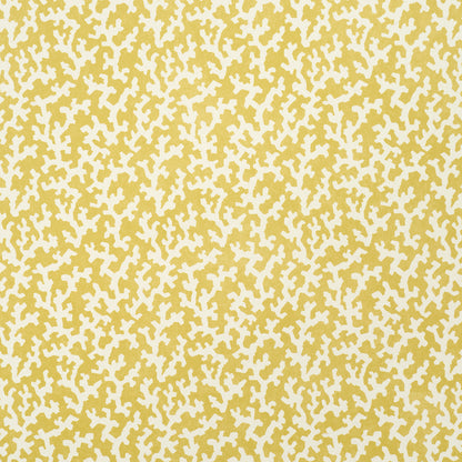 Gold fabric with dense white abstract speckle pattern; contemporary textile for upholstery or decor.