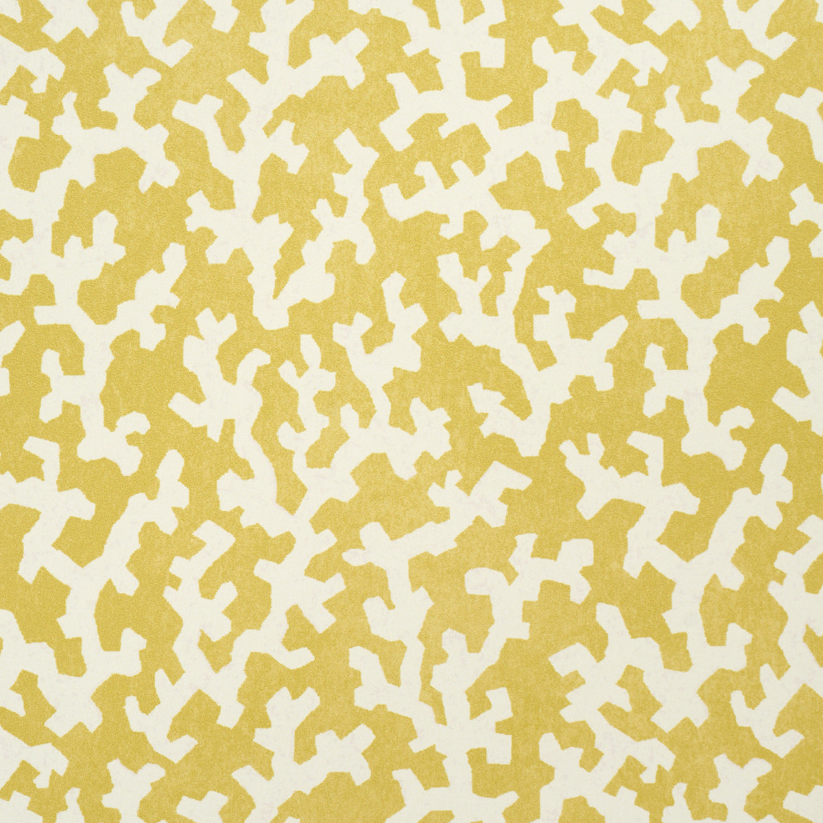 Mustard-yellow background with white irregular cross-like shapes in a bold geometric pattern.