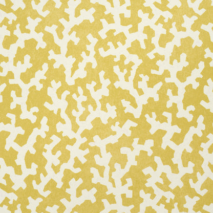 Mustard-yellow background with white irregular cross-like shapes in a bold geometric pattern.