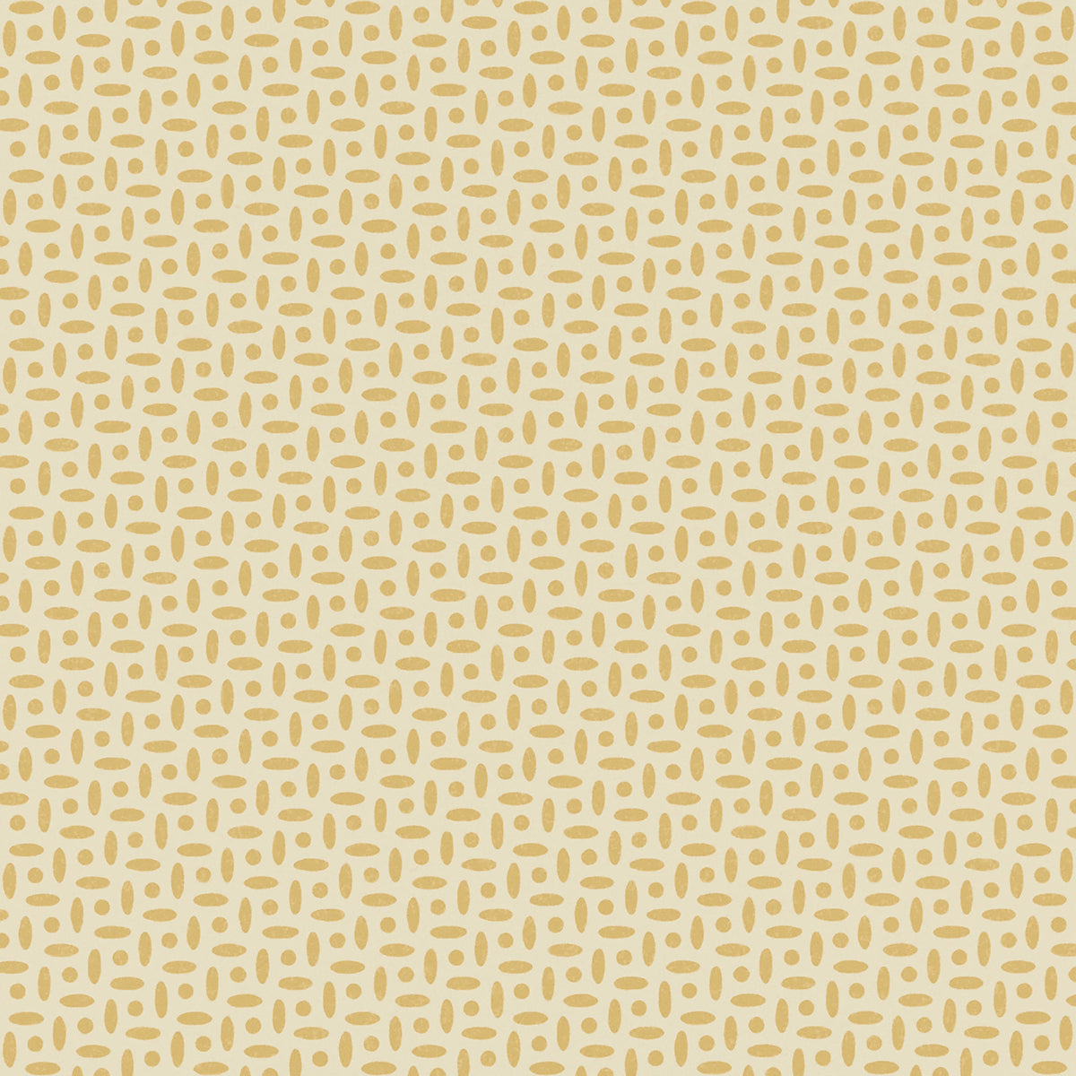 Gold oval-and-dot lattice on a pale beige background; repeating retro wallpaper pattern.