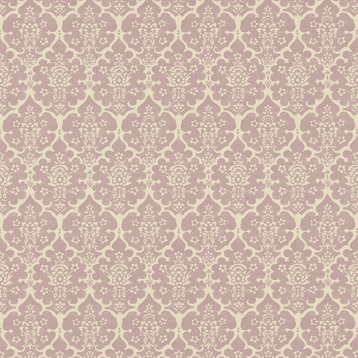 Beige damask pattern on mauve background; ornate floral scroll design for wallpaper or upholstery.