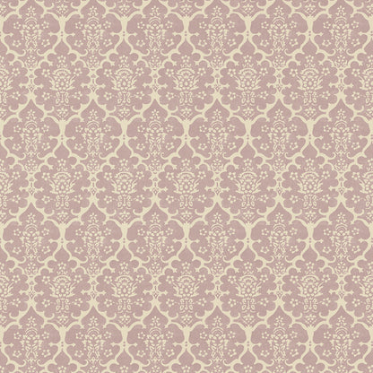Beige damask pattern on mauve background; ornate floral scroll design for wallpaper or upholstery.