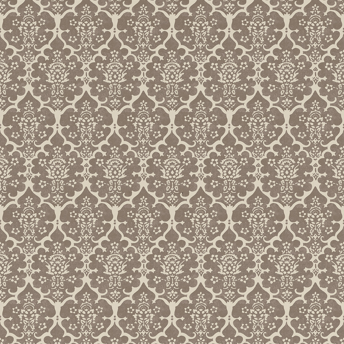 Taupe damask wallpaper with cream floral scroll motifs in a repeating vintage pattern.