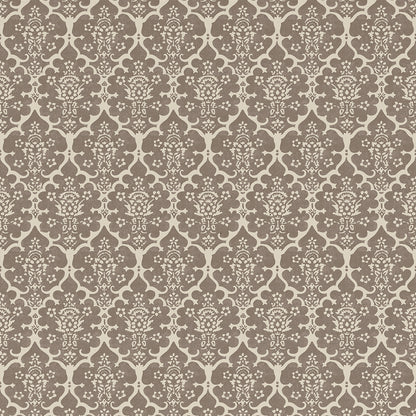 Taupe damask wallpaper with cream floral scroll motifs in a repeating vintage pattern.
