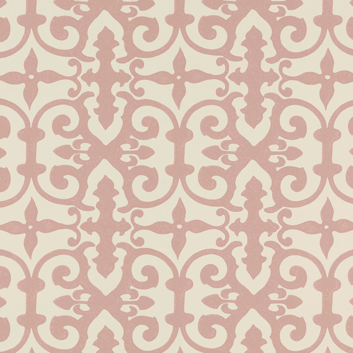 Dusty pink damask pattern on ivory background; ornate scroll motifs for wallpaper or fabric.
