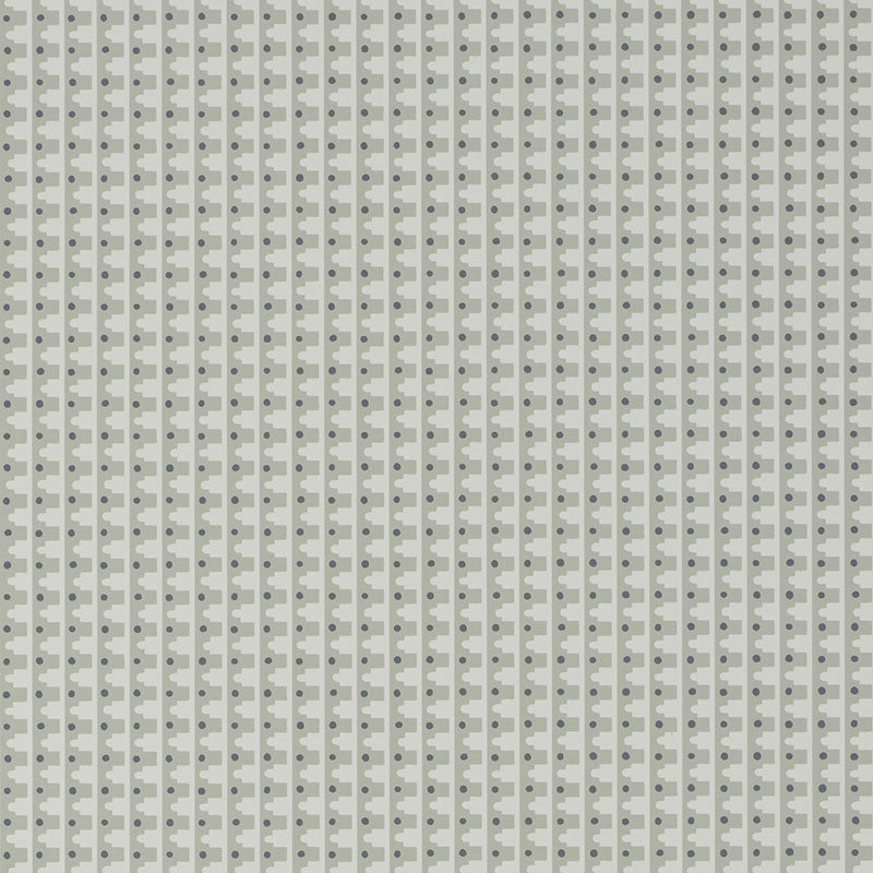 Beige wallpaper with geometric vertical columns of light gray rounded shapes and small dots.