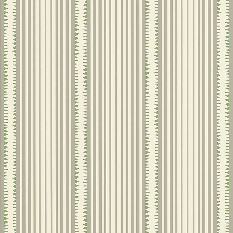 Vertical striped wallpaper in beige, taupe and sage with slim green triangular accents