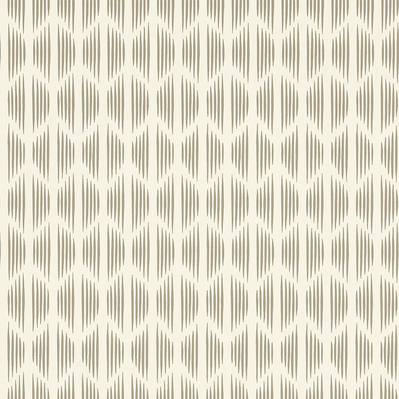 Beige fabric with taupe oval brushstroke motifs forming a diamond, ikat-inspired geometric pattern.