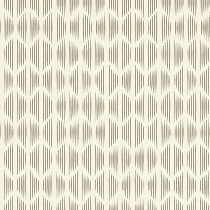 Beige fabric with taupe oval brushstroke motifs forming a diamond, ikat-inspired geometric pattern.