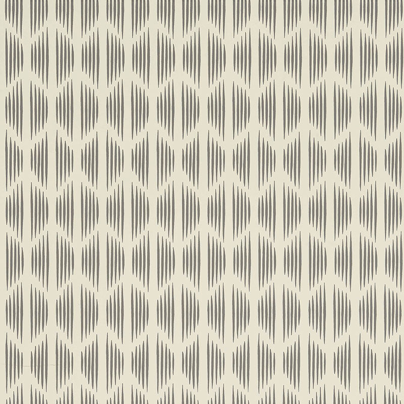 Beige wallpaper with repeating grey oval motifs formed by vertical strokes in a geometric pattern.