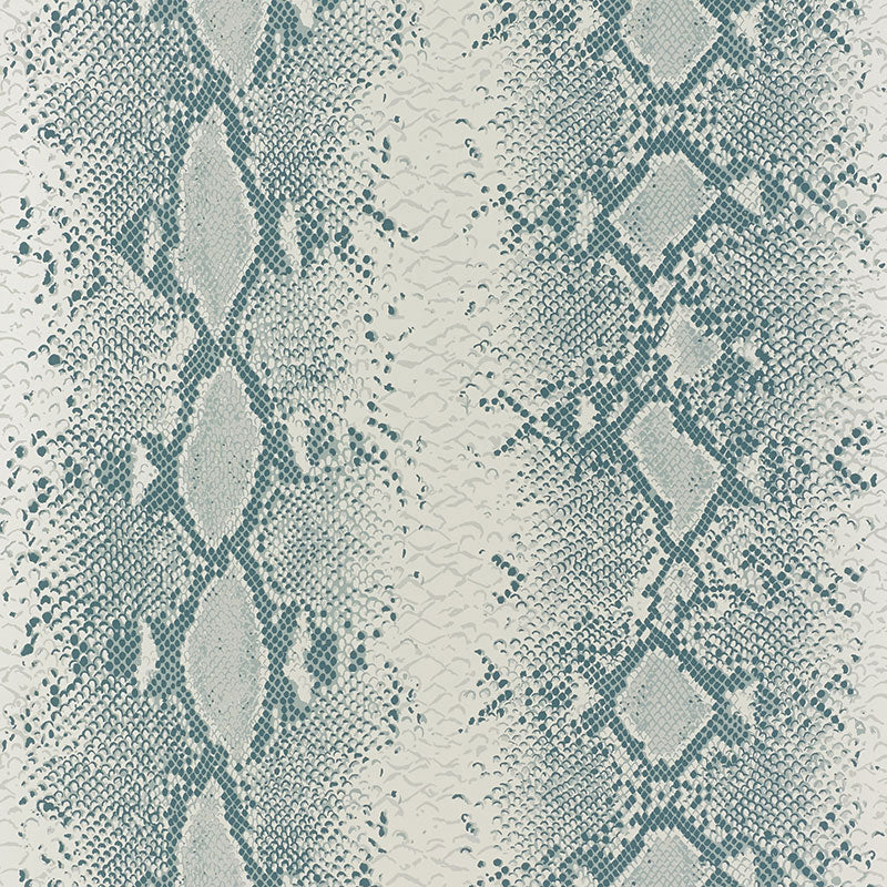 Teal and cream faux snakeskin pattern fabric texture with scale diamonds; chic reptile-style upholstery or apparel material.