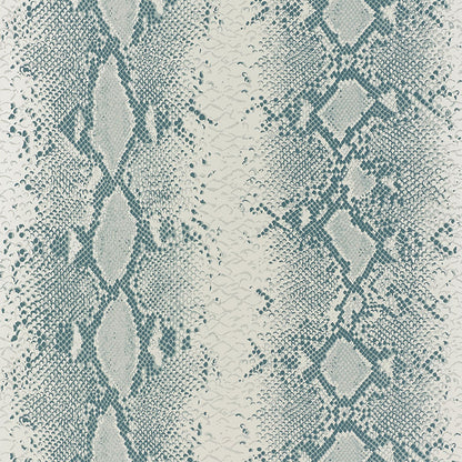 Teal and cream faux snakeskin pattern fabric texture with scale diamonds; chic reptile-style upholstery or apparel material.