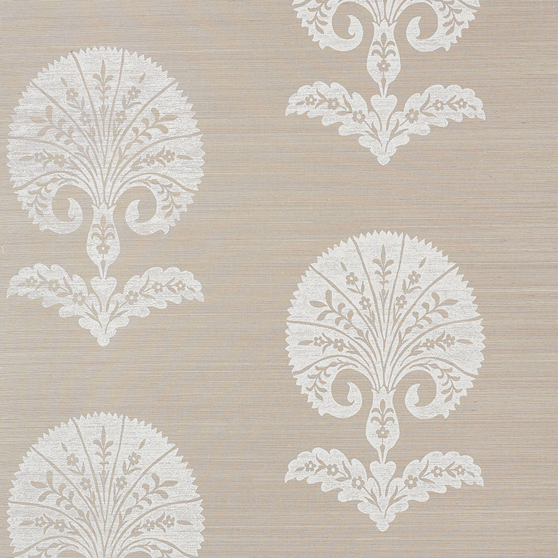 Beige sisal fabric with an Ottoman Flower pattern in Fog, featuring a repeating floral motif on a textured background.