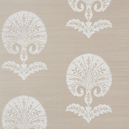 Beige sisal fabric with an Ottoman Flower pattern in Fog, featuring a repeating floral motif on a textured background.
