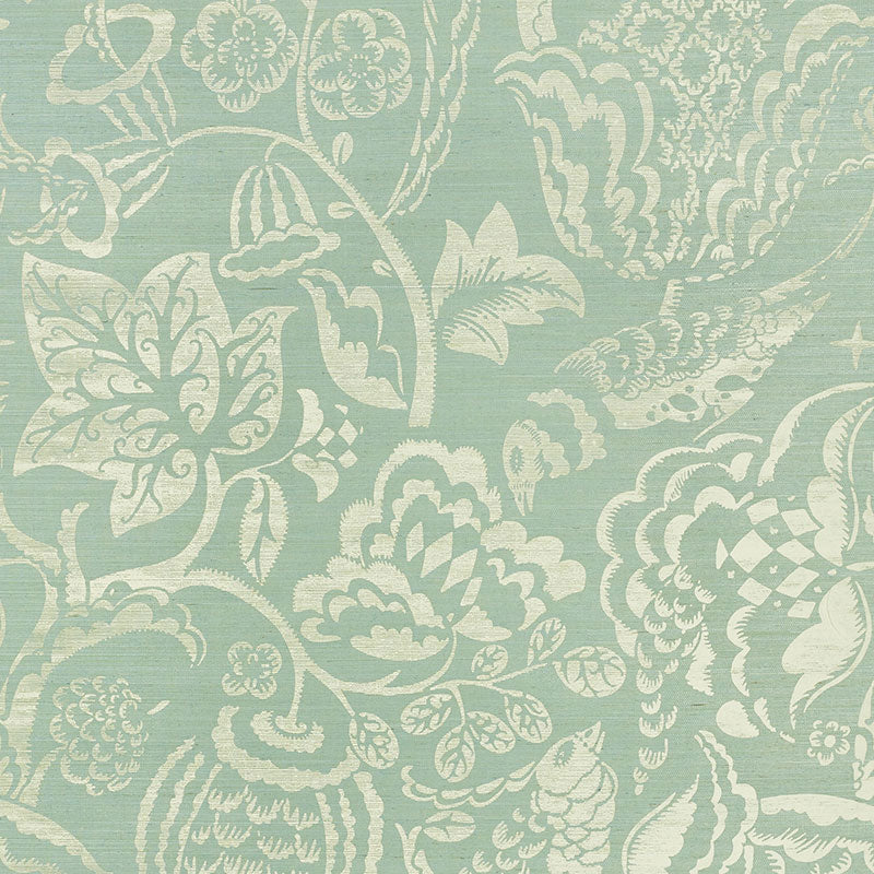 Cream bird motif on a sky blue background; upholstery fabric with an elegant, refined pattern.