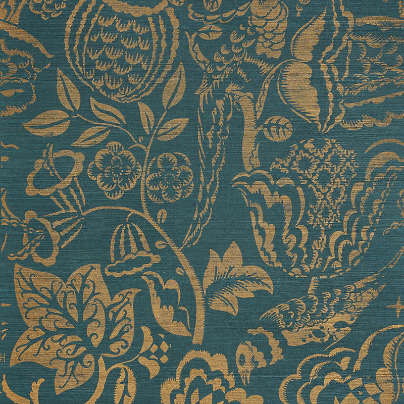 SCHUMACHER WALLCOVERING  SHANGRI-LA UCCELLO SISAL   GOLD ON PEACOCK   - 5008264