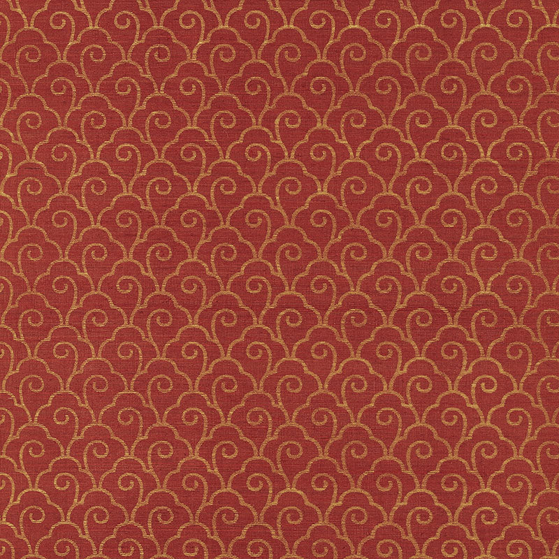 Burgundy red wallpaper with metallic gold scallop filigree arabesque pattern.