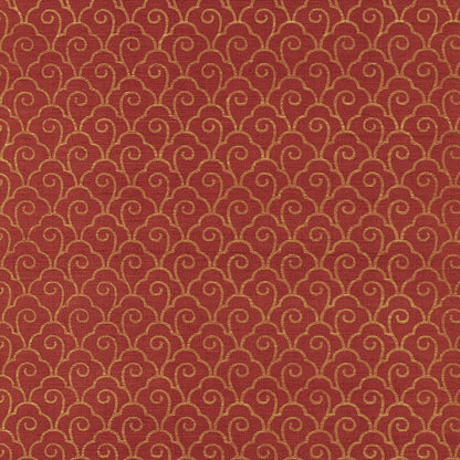Burgundy red wallpaper with metallic gold scallop filigree arabesque pattern.