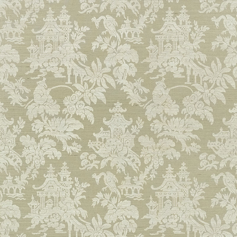 Beige sisal fabric with cream chinoiserie toile pattern showing pagodas, trees, bridges, and garden scenes.