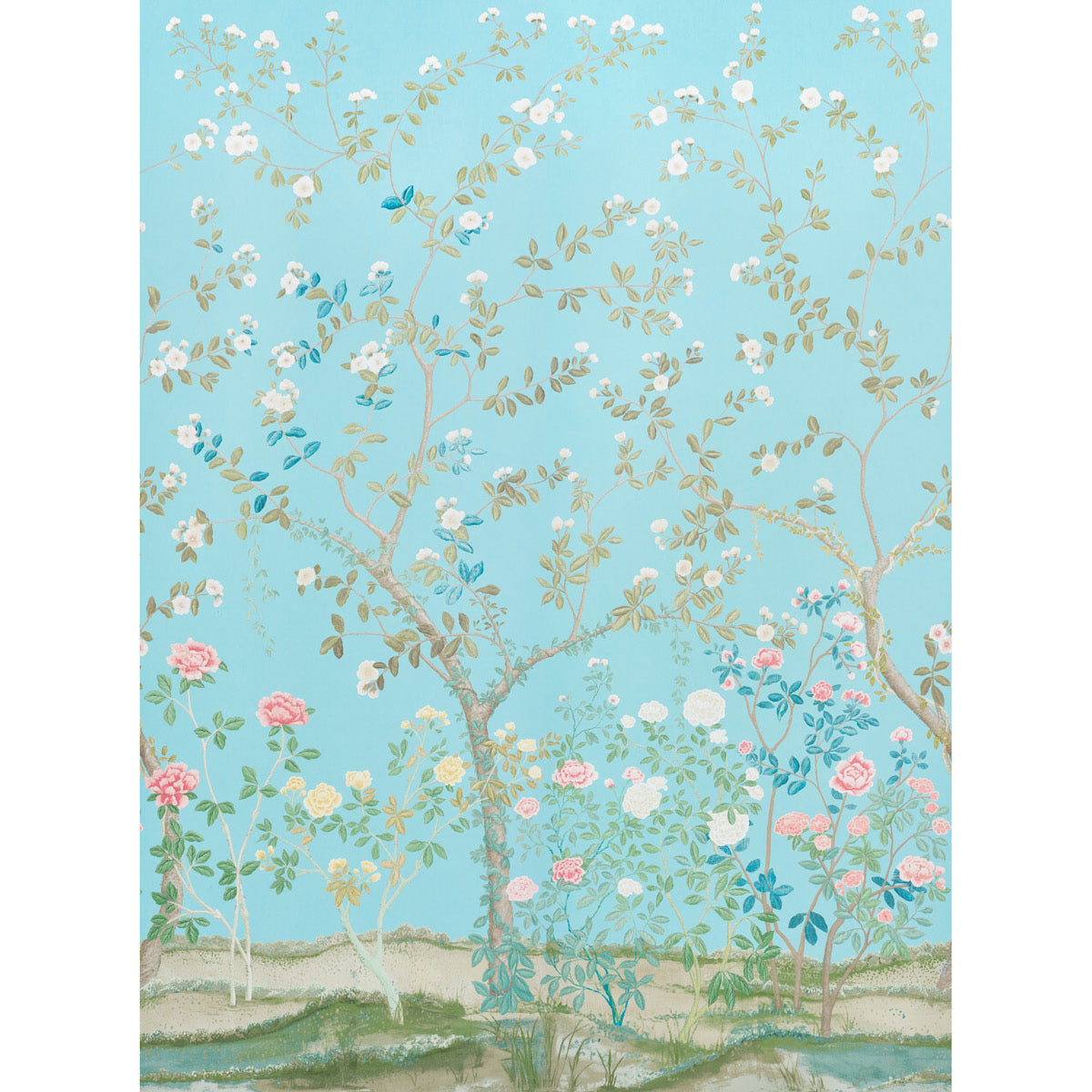 Turquoise wallpaper featuring gold branches with white and pink roses, green leaves, and a grassy ground.