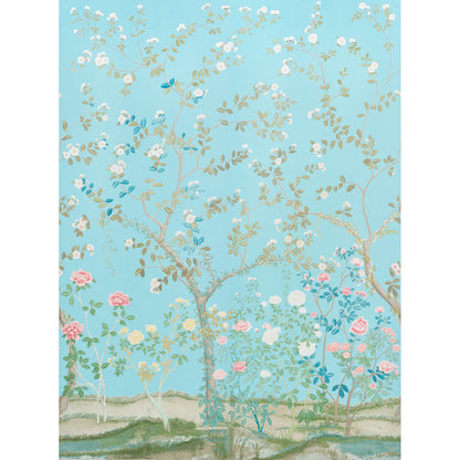 Turquoise wallpaper featuring gold branches with white and pink roses, green leaves, and a grassy ground.