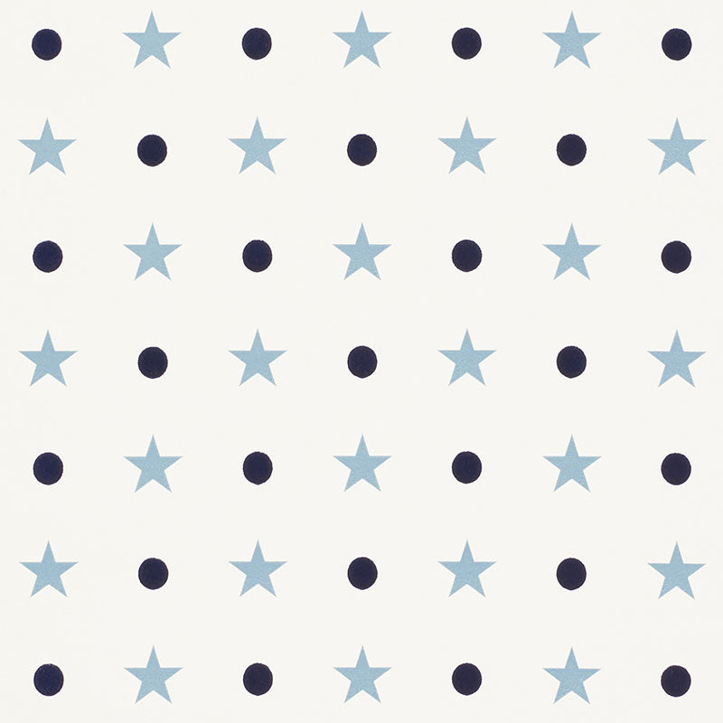 Ivory fabric with a grid of alternating light-blue stars and navy dots, a clean geometric pattern.