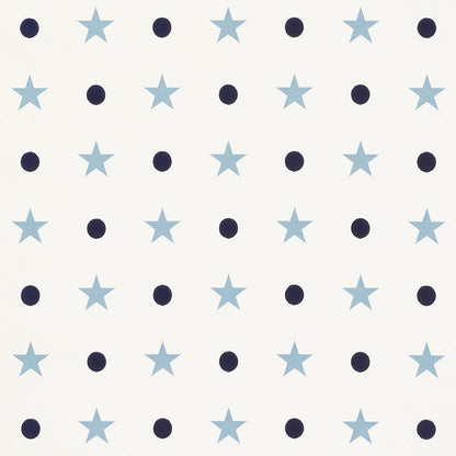 Ivory fabric with a grid of alternating light-blue stars and navy dots, a clean geometric pattern.