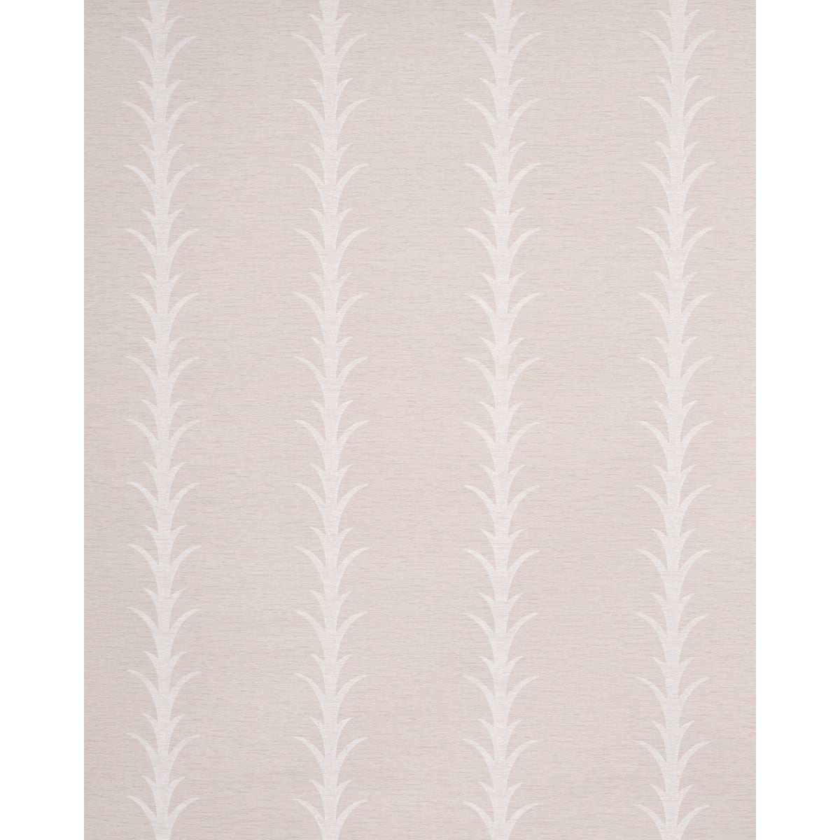 Soft pink-beige wallpaper with vertical white fern-like motifs in repeating columns.