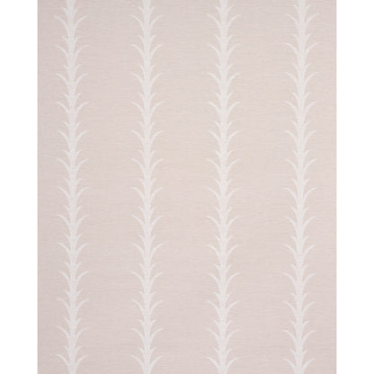 Soft pink-beige wallpaper with vertical white fern-like motifs in repeating columns.