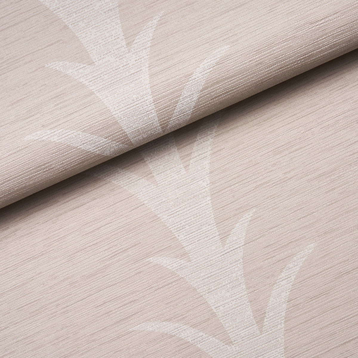 Beige wallpaper with subtle white botanical leaf pattern and linen texture, rolled at the top edge.