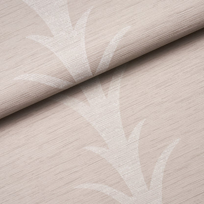 Beige wallpaper with subtle white botanical leaf pattern and linen texture, rolled at the top edge.