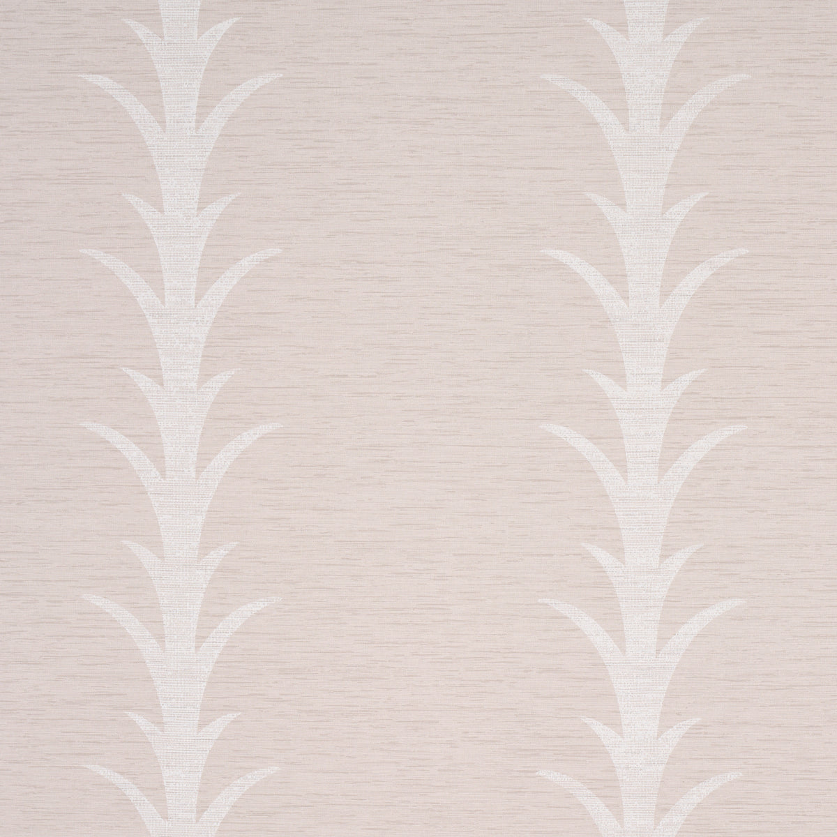 Beige textured wallpaper with white vertical fern-like motifs in two mirrored columns.