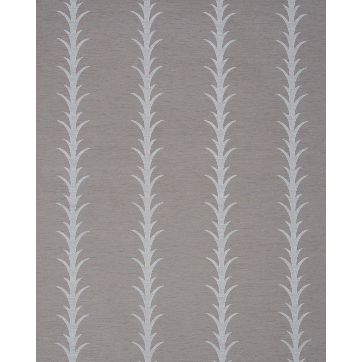 Grey wallpaper with acanthus stripe pattern, repeating botanical design.