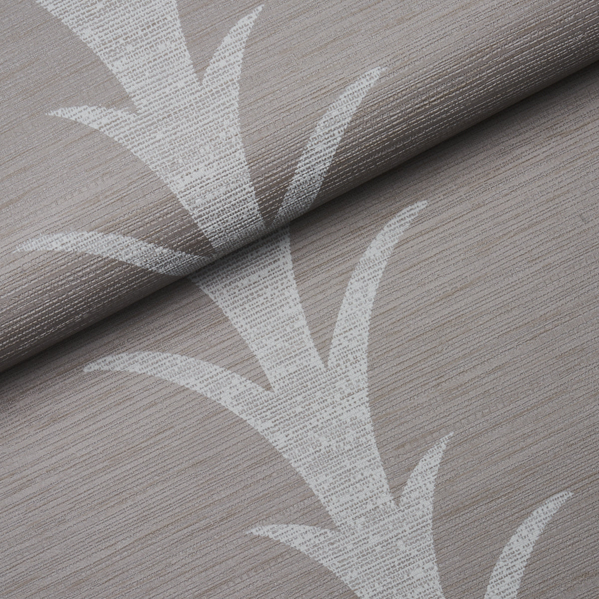 Grey vinyl wallpaper with an acanthus stripe pattern; textured surface with rolled edge visible.